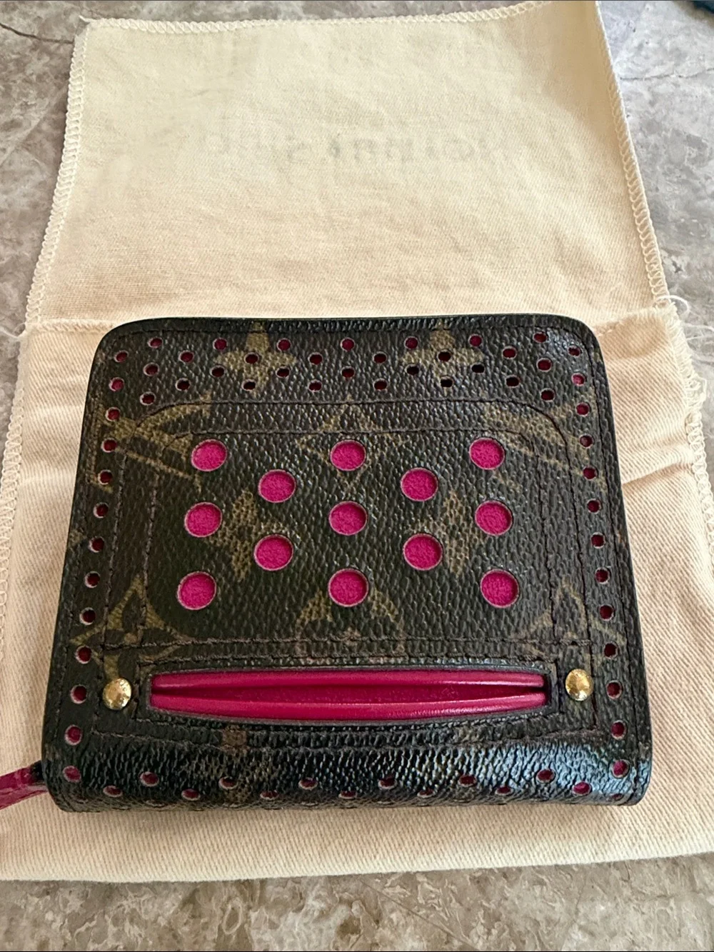 Louis Vuitton Auth Monogramed Perforated Compact Zipper Fuschia wallet /dustbag